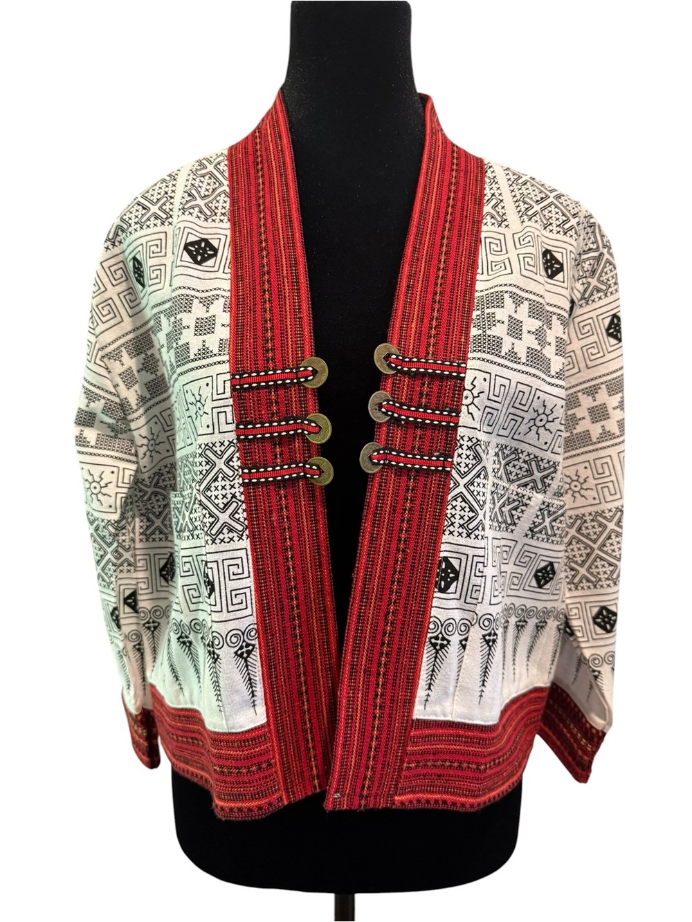 Black & White Pattern Thai Jacket with Red Trim